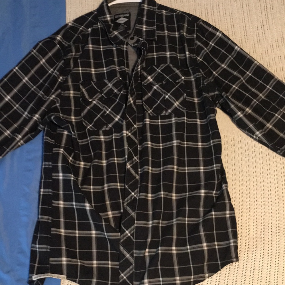 Black long-sleeve button down with white stripes